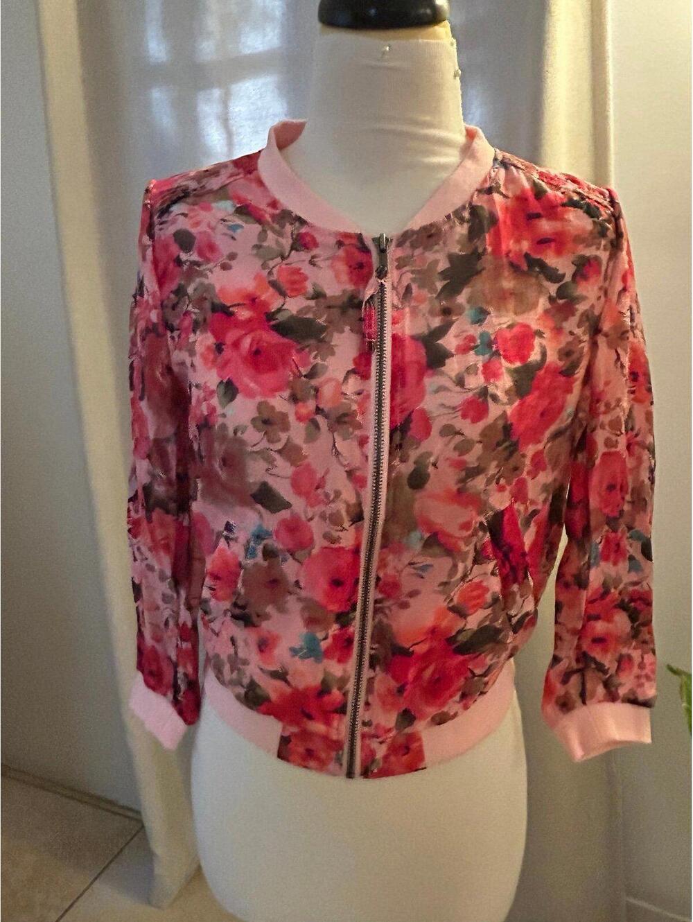 H&M Divided Sheer Pink Floral Bomber Jacket Watercolor Roses Cropped Zip-Up 38M